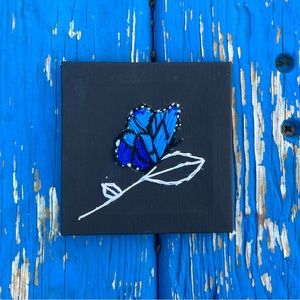Blue Butterfly Hand-Embroidered 4x4 Black Canvas